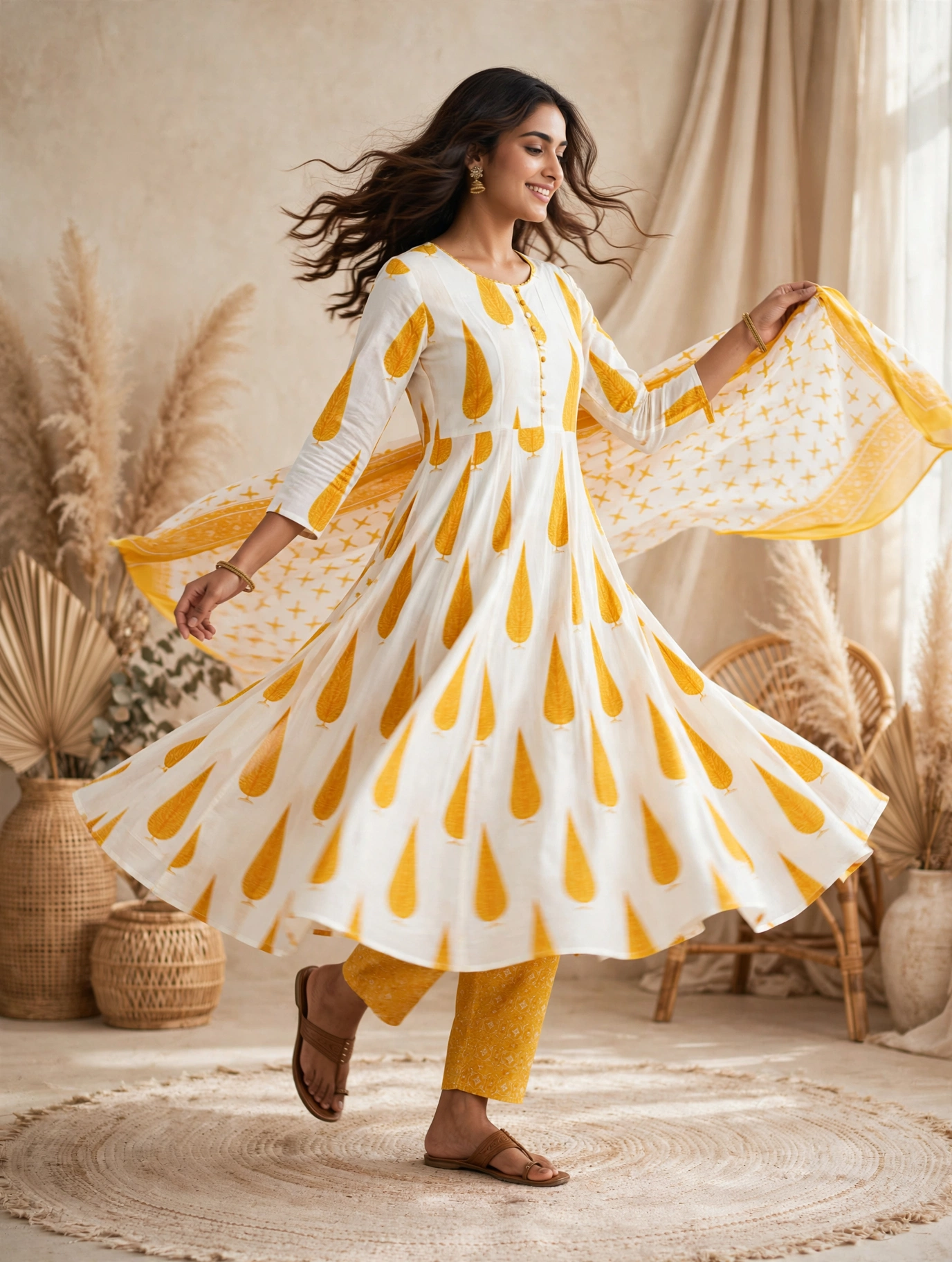 Women Ethnic Motifs Printed Angrakha Pure Cotton Kurta with Trousers & With Dupatta