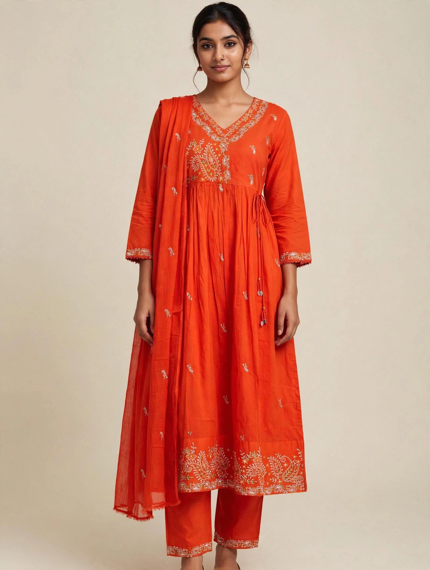 Women Ethnic Motifs Printed Empire Thread Work Kurta with Trousers & With Dupatta